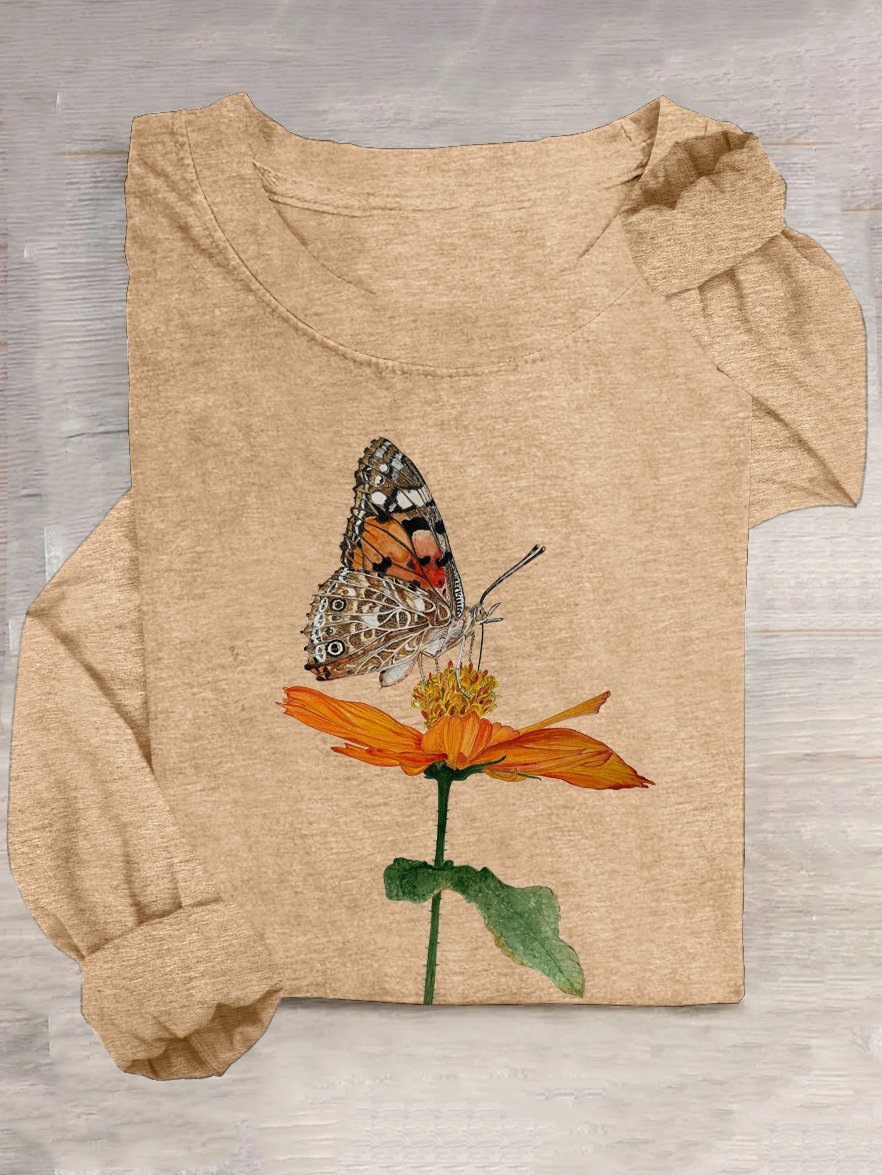 Floral and Butterfly Crew Neck Loose Casual T-Shirt