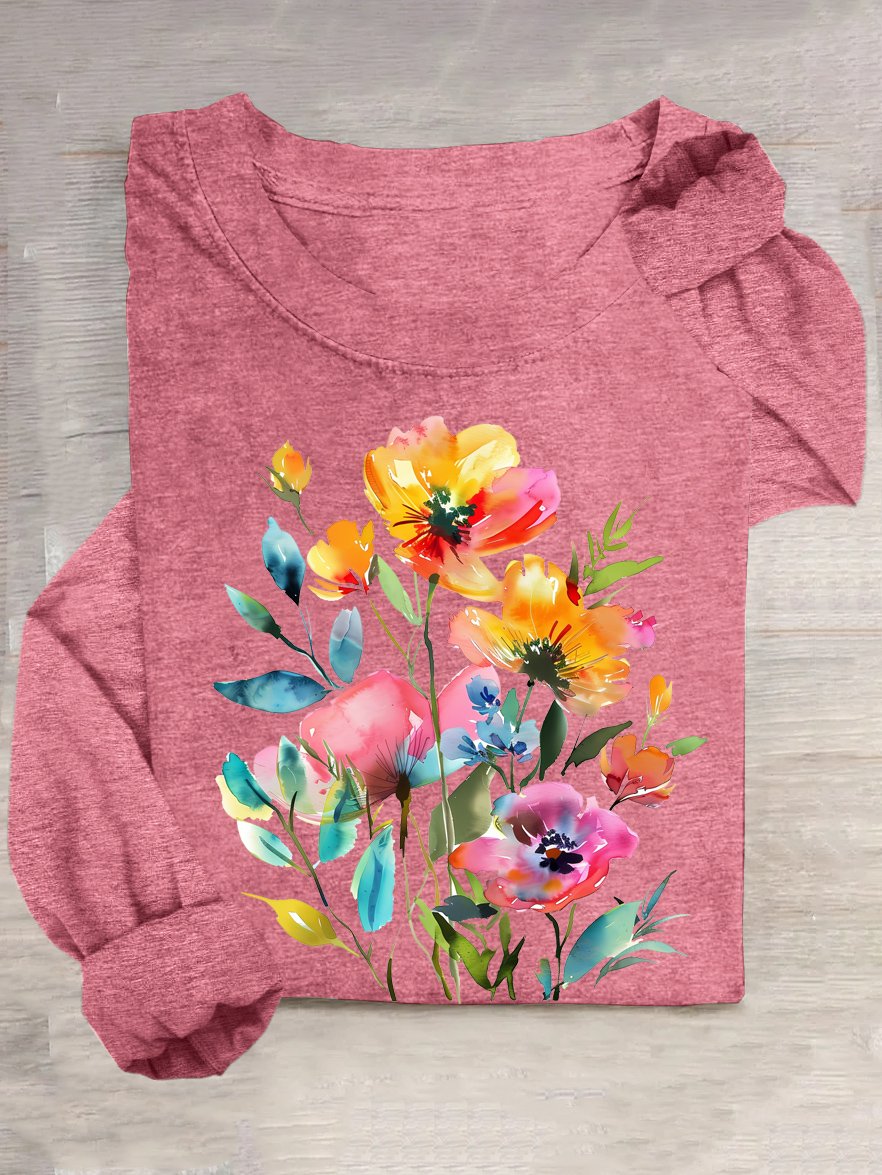 Floral Casual Cotton-Blend Loose T-Shirt