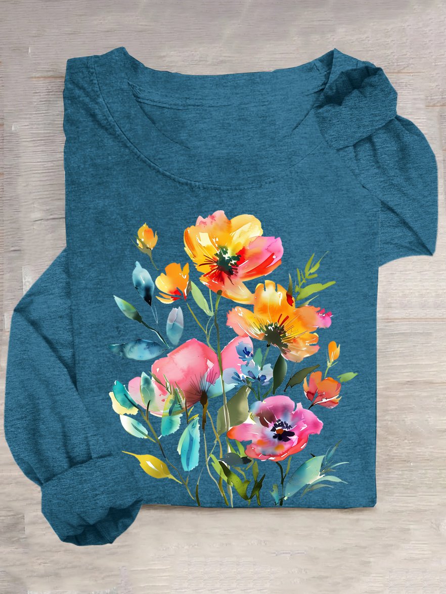 Floral Casual Cotton-Blend Loose T-Shirt