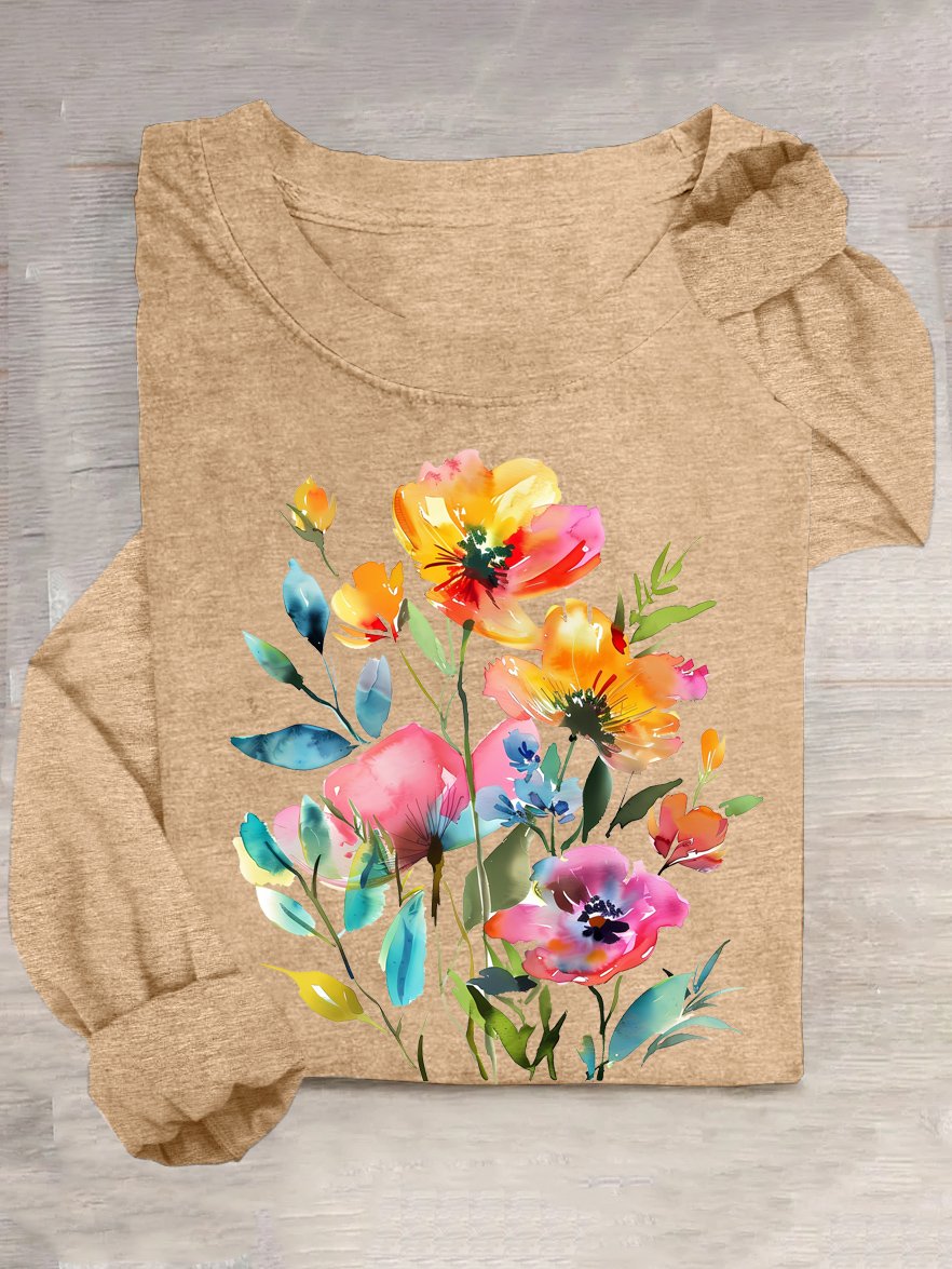 Floral Casual Cotton-Blend Loose T-Shirt