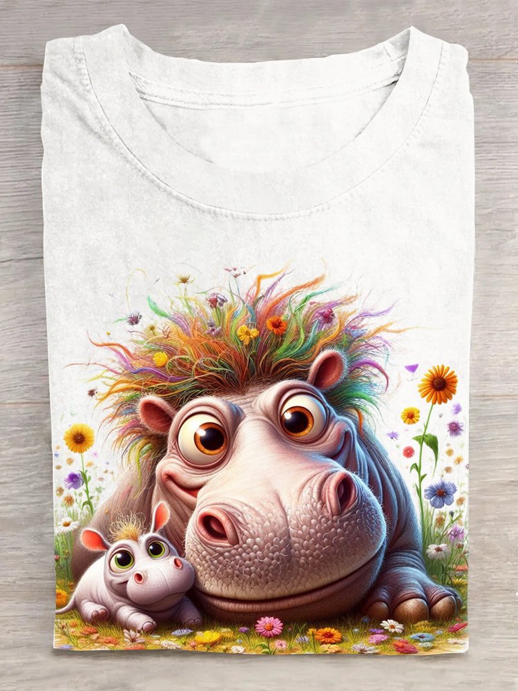 Crew Neck Hippo Casual T-Shirt