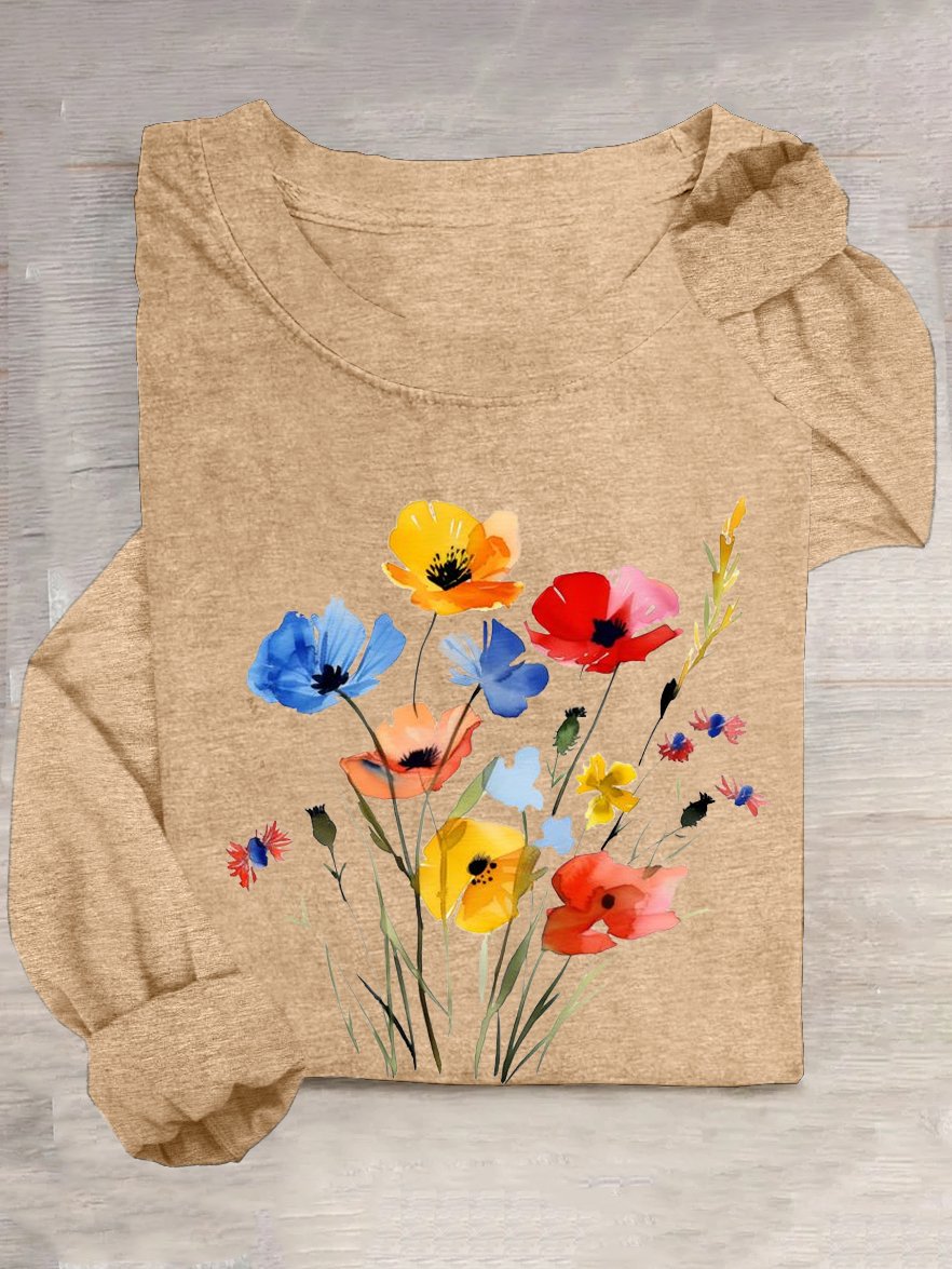 Cotton-Blend Crew Neck Casual Floral T-Shirt