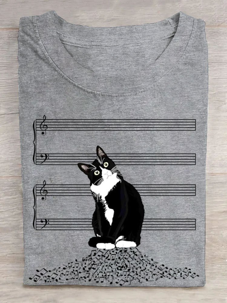 Musical note funny cat print casual T-shirt