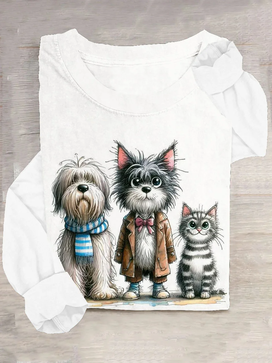 Funny Cat and Dog Printed Casual T-shirt