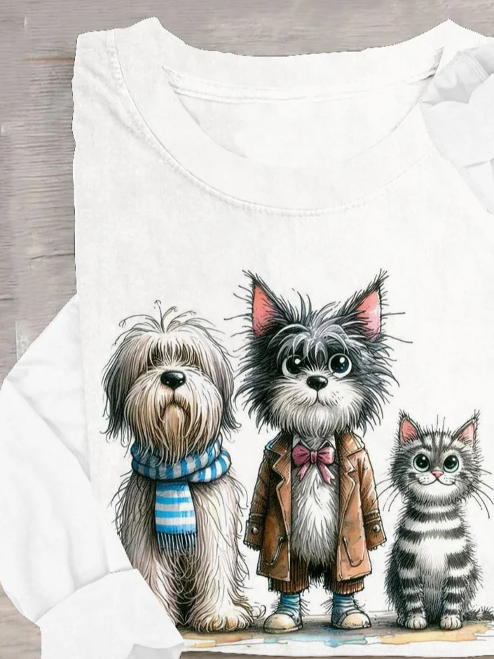 Funny Cat and Dog Printed Casual T-shirt