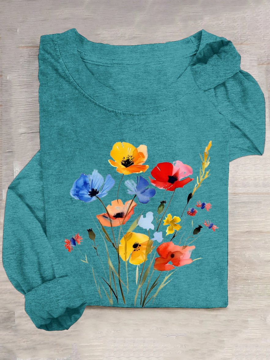 Cotton-Blend Crew Neck Casual Floral T-Shirt