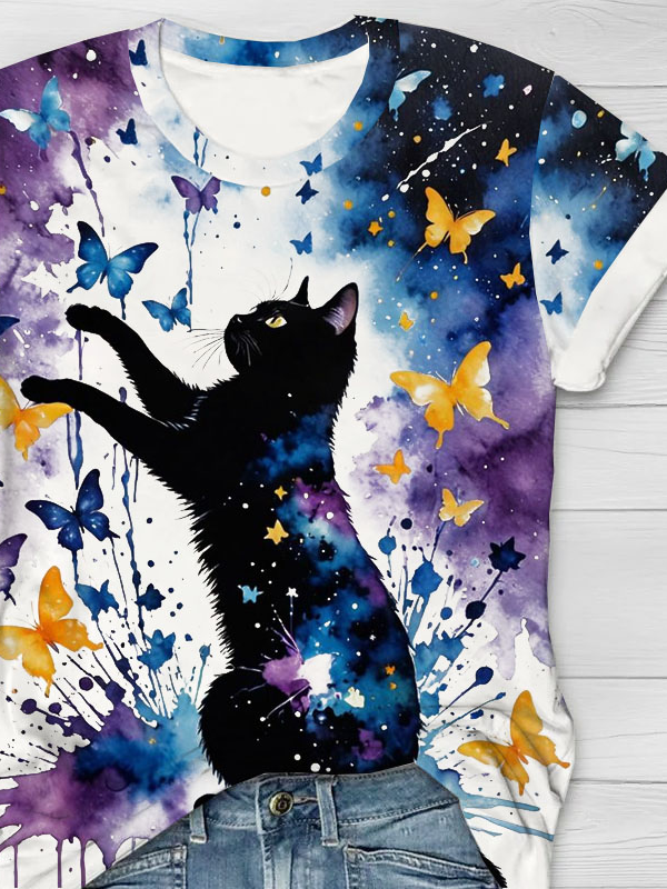 Funny Cat Butterfly Printed Casual T-shirt