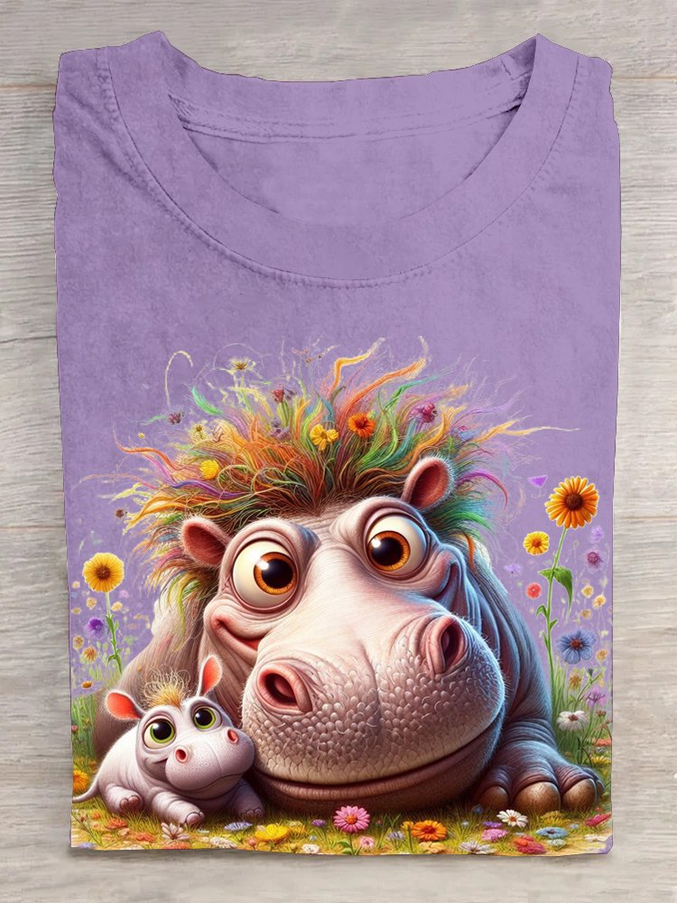 Crew Neck Hippo Casual T-Shirt