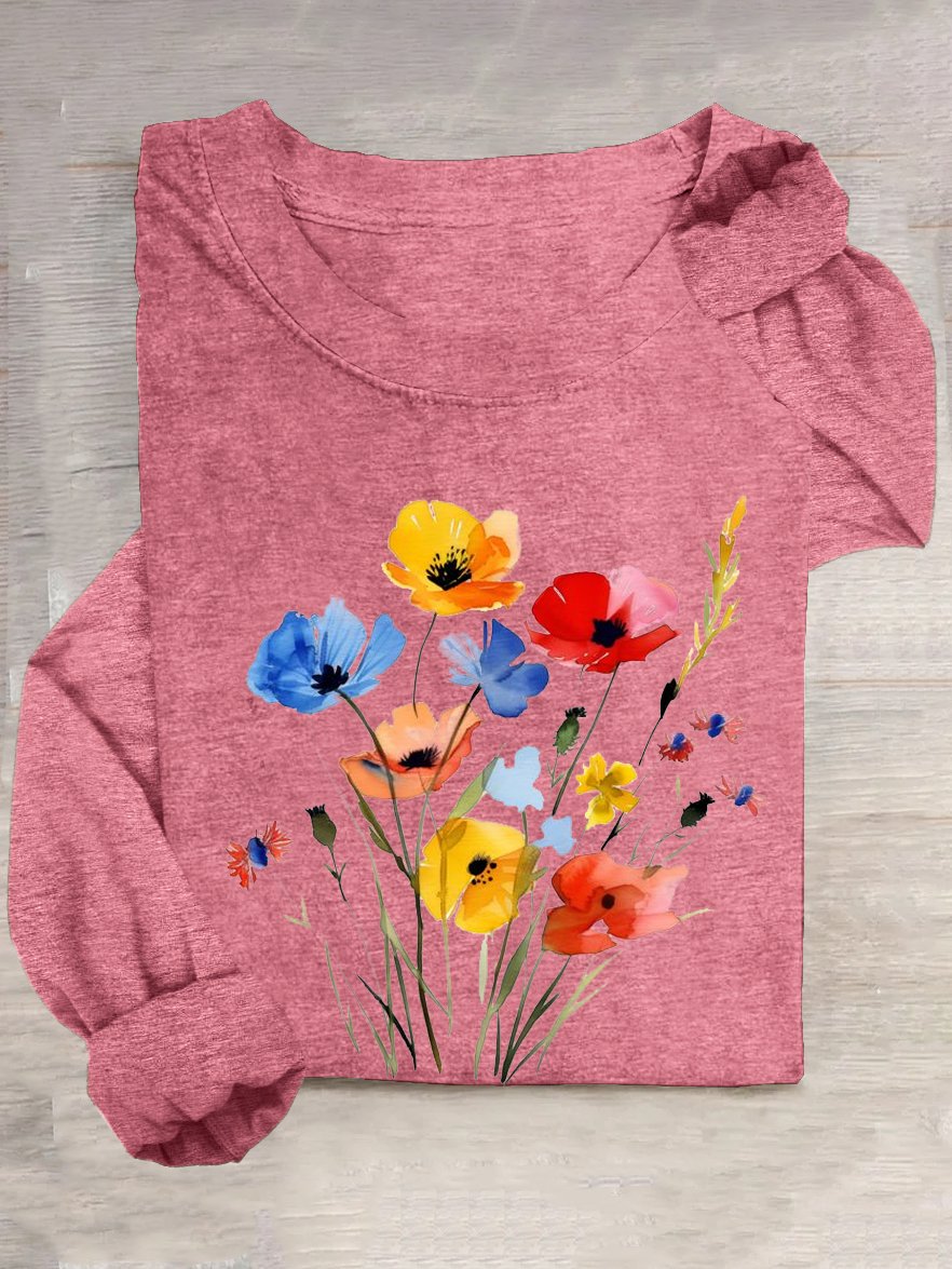 Cotton-Blend Crew Neck Casual Floral T-Shirt