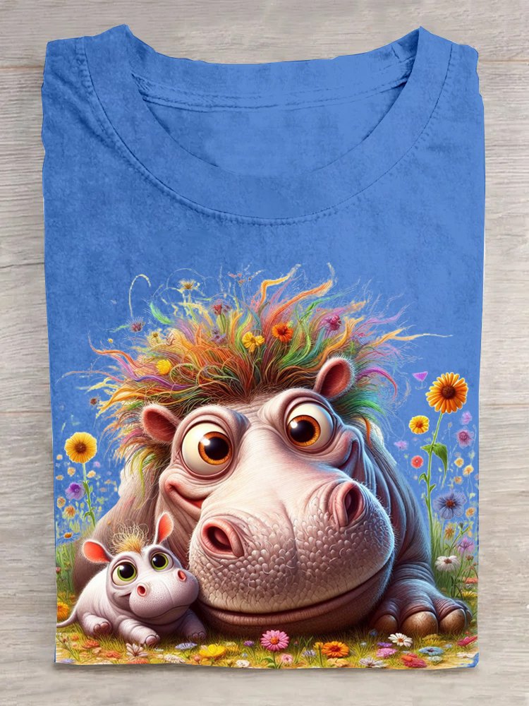 Crew Neck Hippo Casual T-Shirt