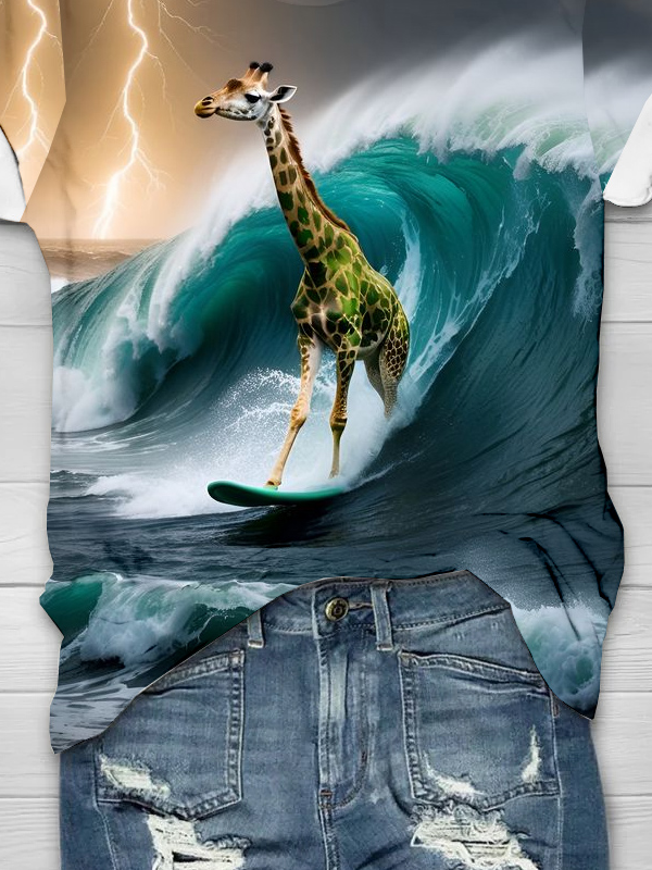 Crew Neck Jersey Sea Giraffe Casual T-Shirt