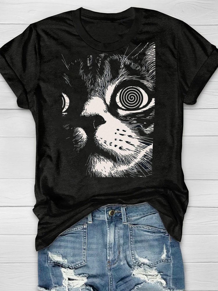 Jersey Crew Neck Casual Cat T-Shirt