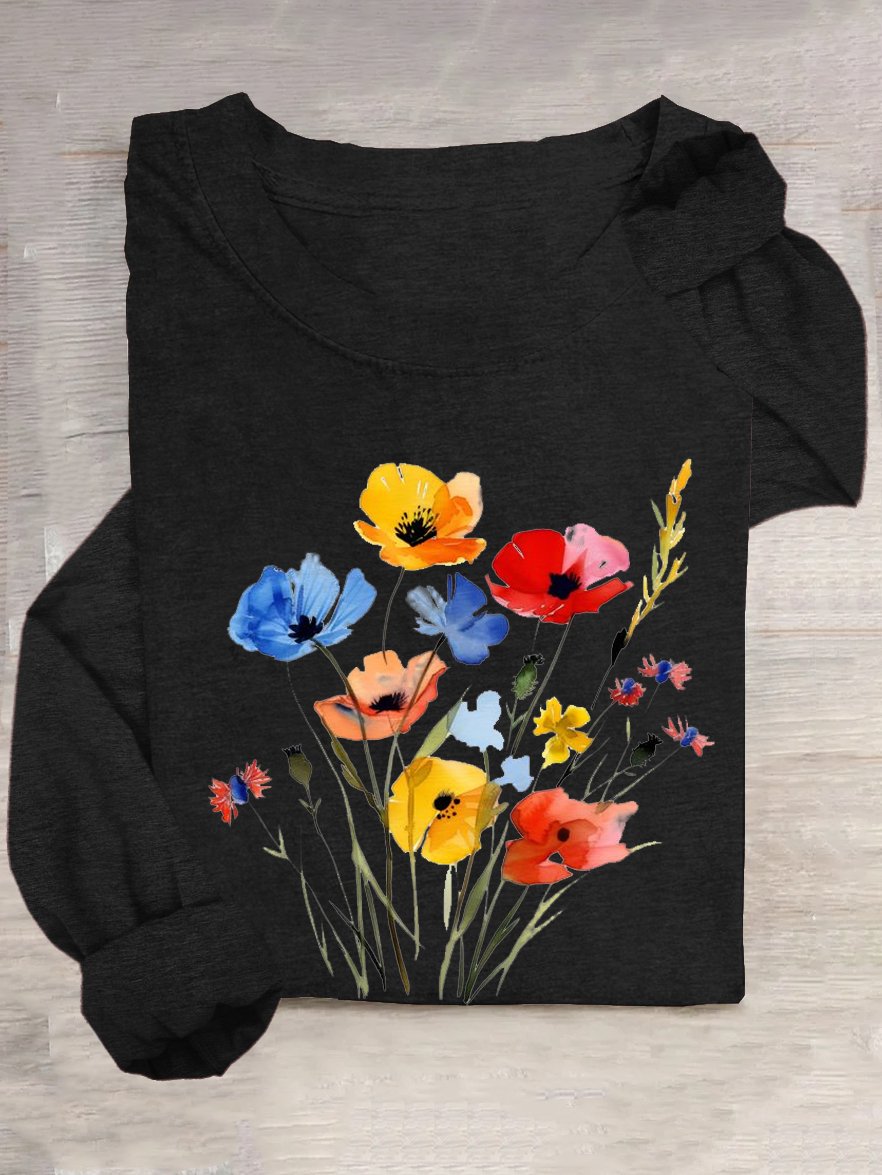 Cotton-Blend Crew Neck Casual Floral T-Shirt