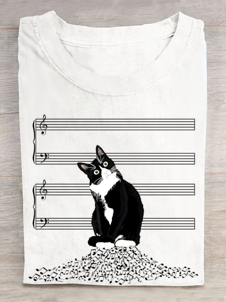 Musical note funny cat print casual T-shirt