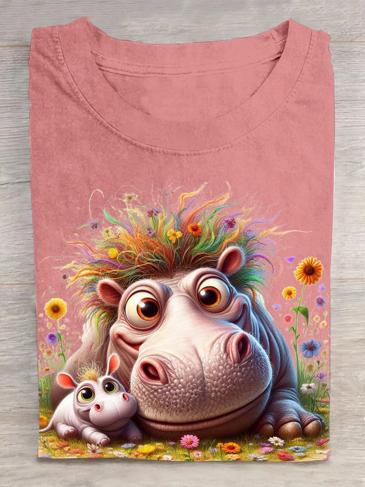 Crew Neck Hippo Casual T-Shirt