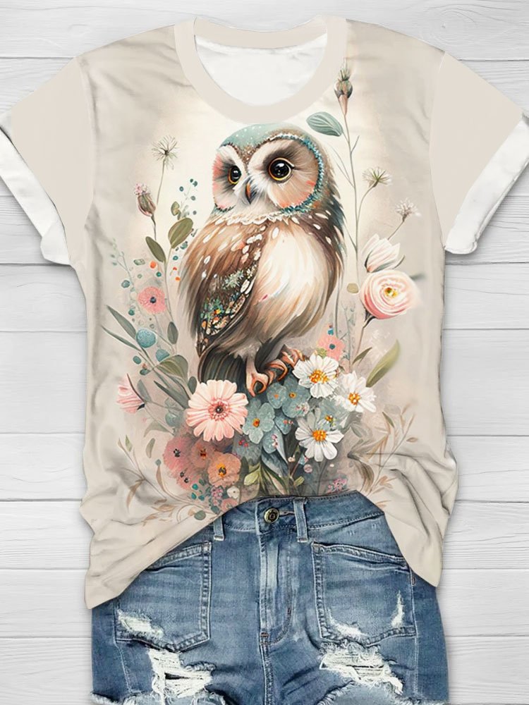 Floral owl printed casual T-shirt