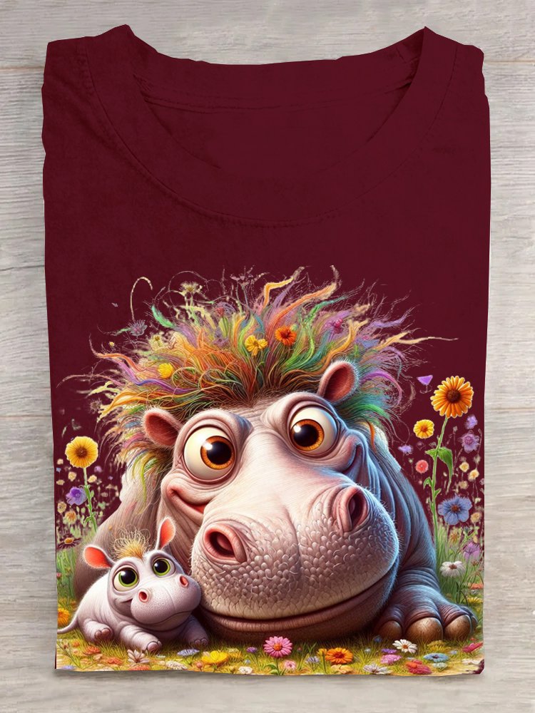 Crew Neck Hippo Casual T-Shirt