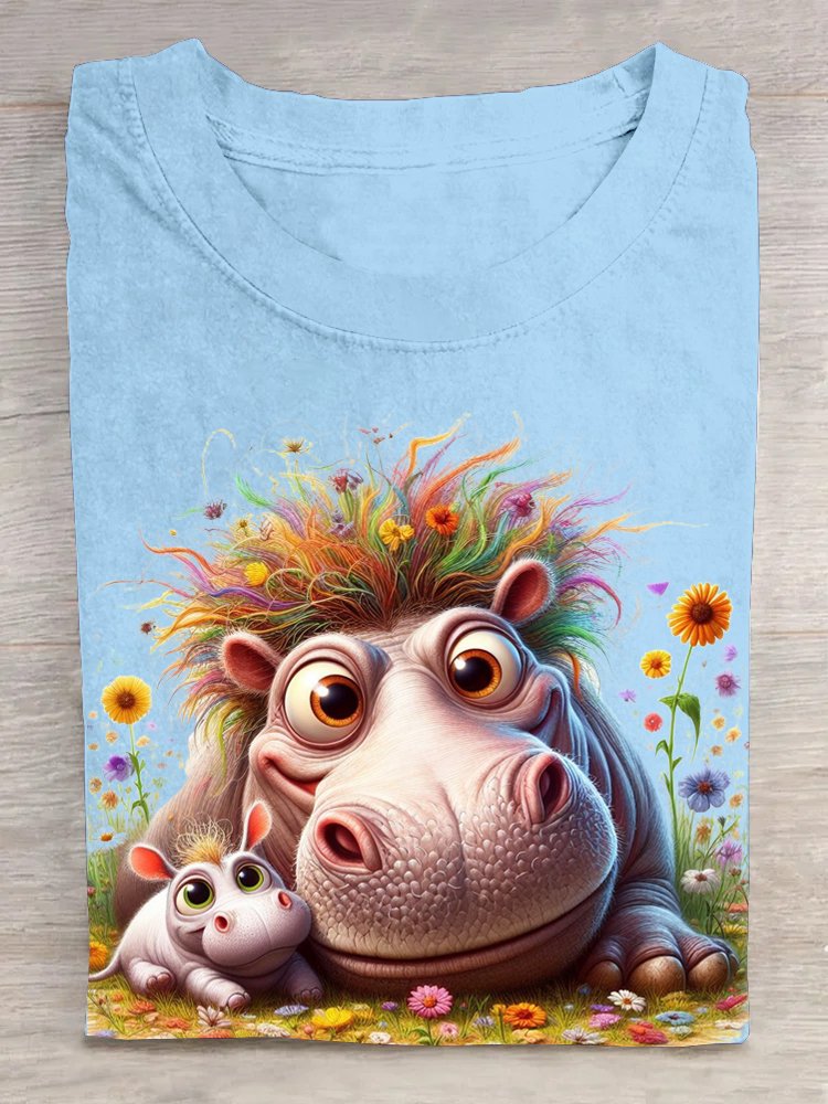 Crew Neck Hippo Casual T-Shirt