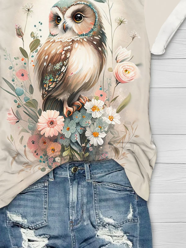 Floral owl printed casual T-shirt