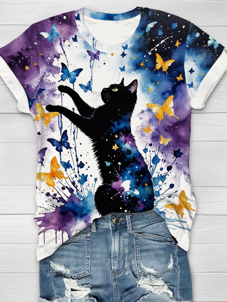 Funny Cat Butterfly Printed Casual T-shirt