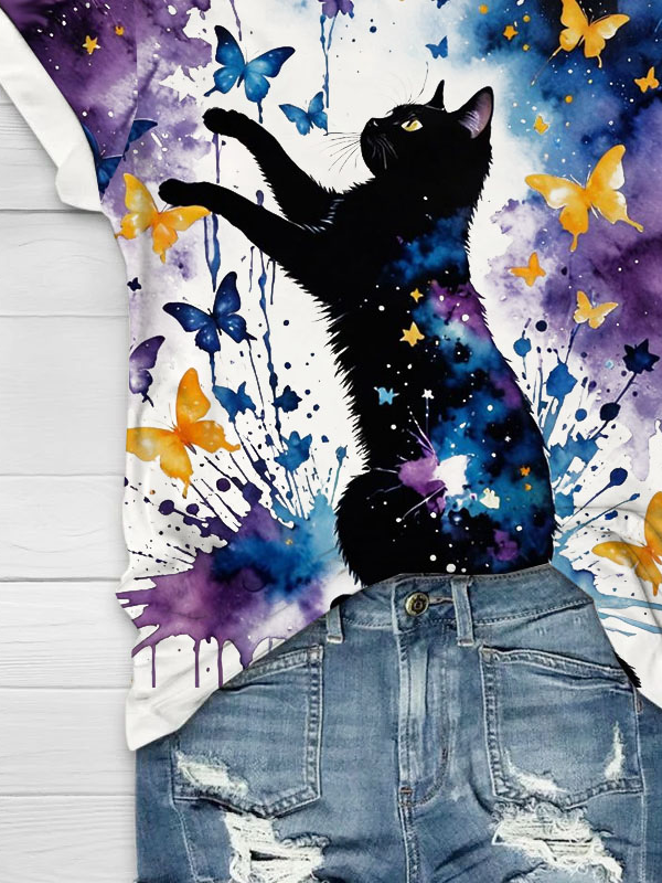 Funny Cat Butterfly Printed Casual T-shirt