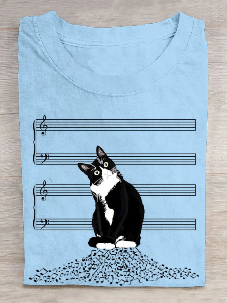 Musical note funny cat print casual T-shirt