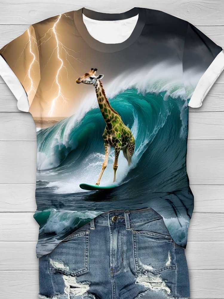 Crew Neck Jersey Sea Giraffe Casual T-Shirt