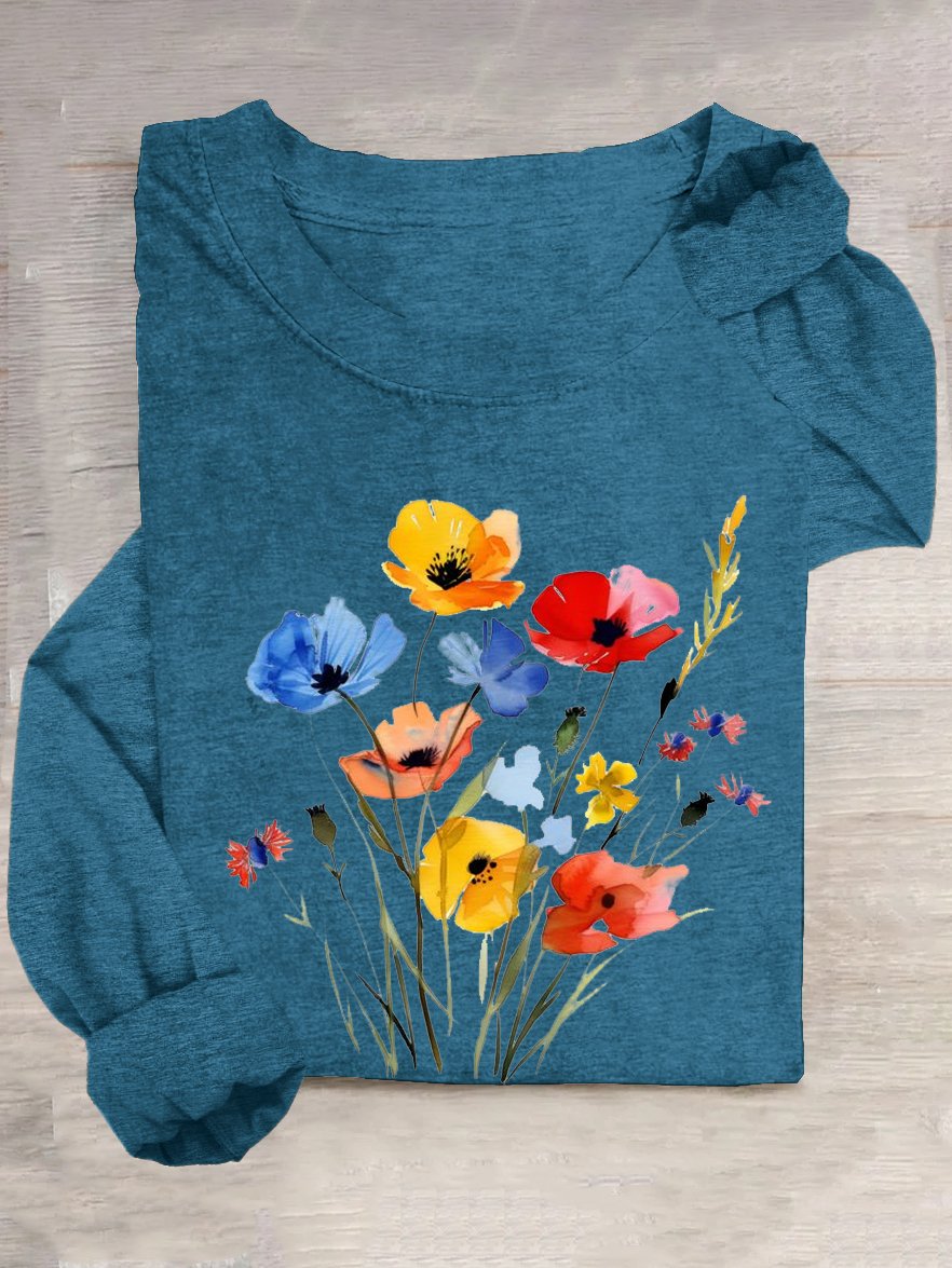 Cotton-Blend Crew Neck Casual Floral T-Shirt