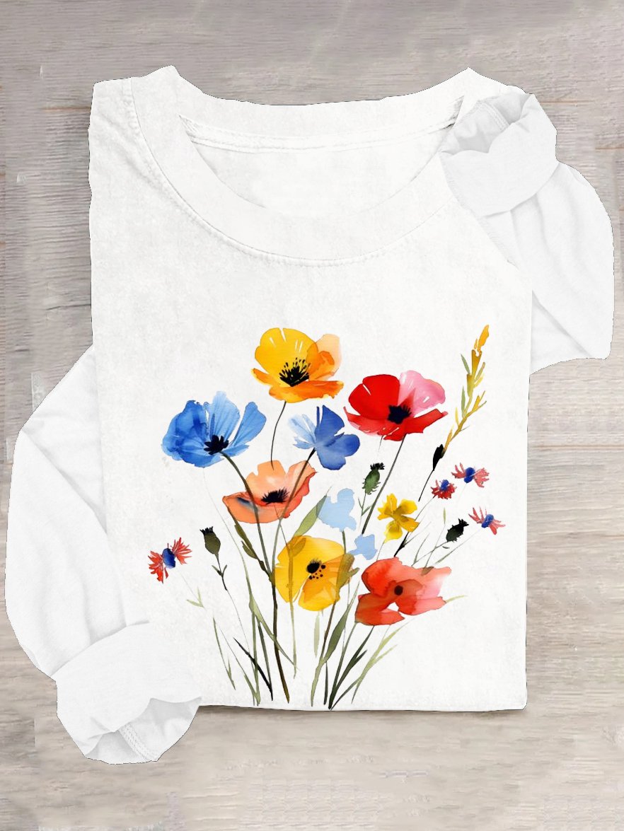 Cotton-Blend Crew Neck Casual Floral T-Shirt