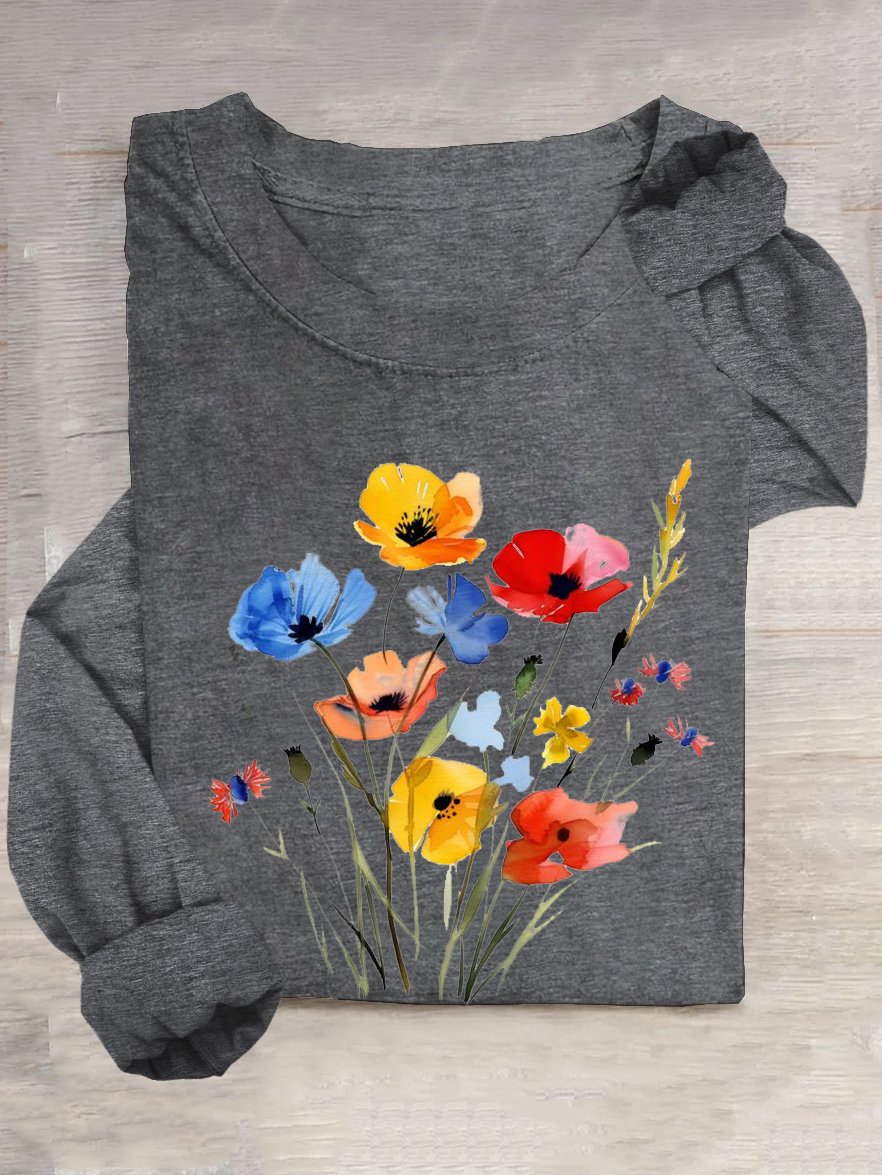 Cotton-Blend Crew Neck Casual Floral T-Shirt