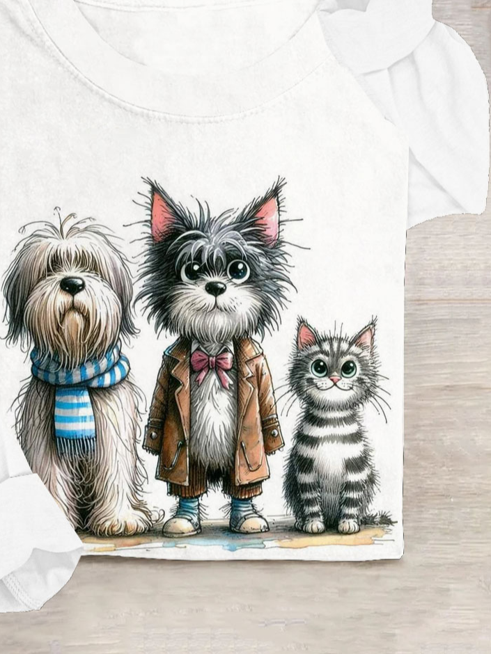 Funny Cat and Dog Printed Casual T-shirt