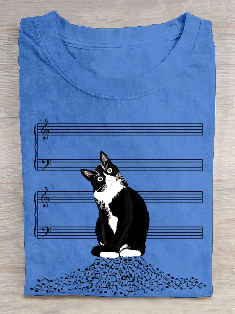 Musical note funny cat print casual T-shirt