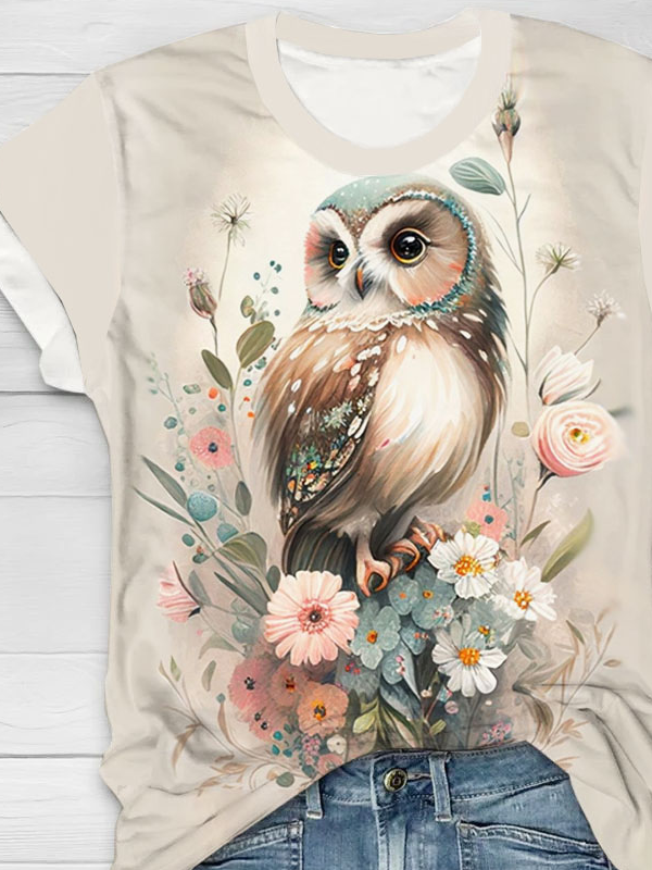 Floral owl printed casual T-shirt