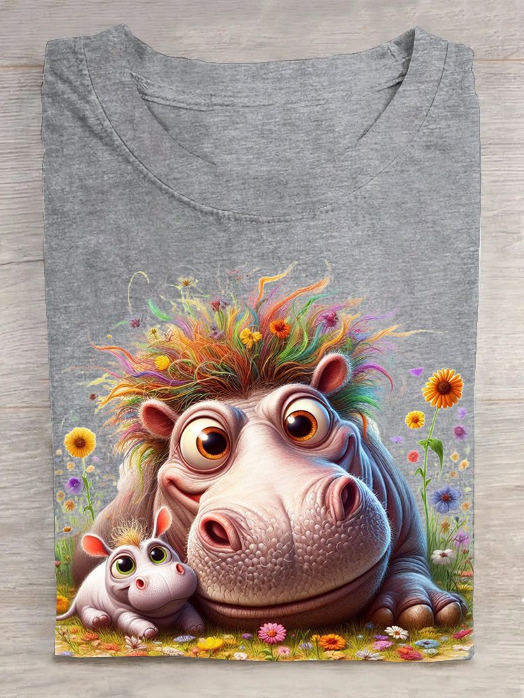 Crew Neck Hippo Casual T-Shirt