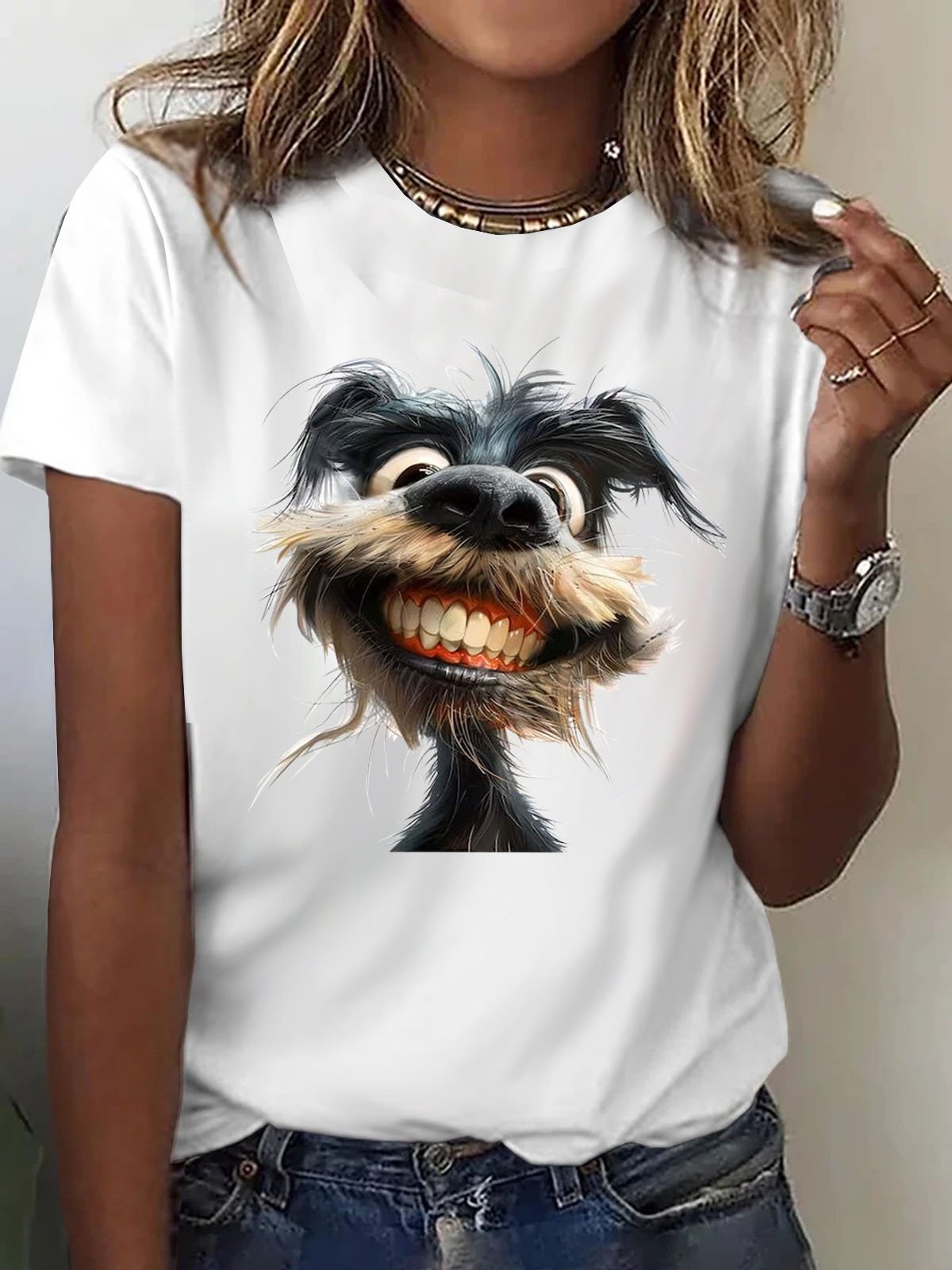 Funny Toothed Dog Printed Round Neck T-shirt