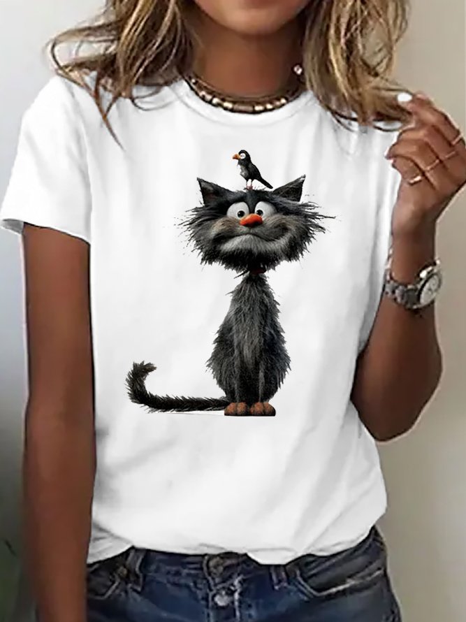 Casual Cat Loose Crew Neck T-Shirt