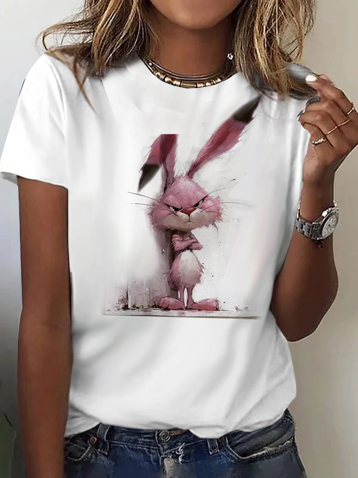 Funny Rabbit Short Sleeve Loose Crew Neck H-Line T-shirt